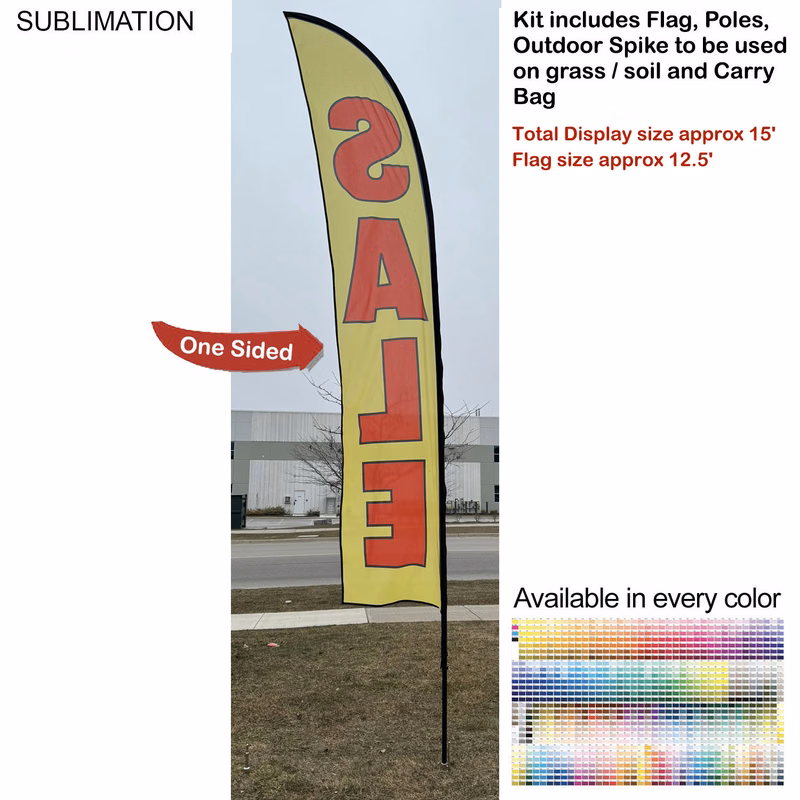 15' Large Feather Flag Kit, Full Color Graphics One Side, Outdoor Spike base and Bag Included