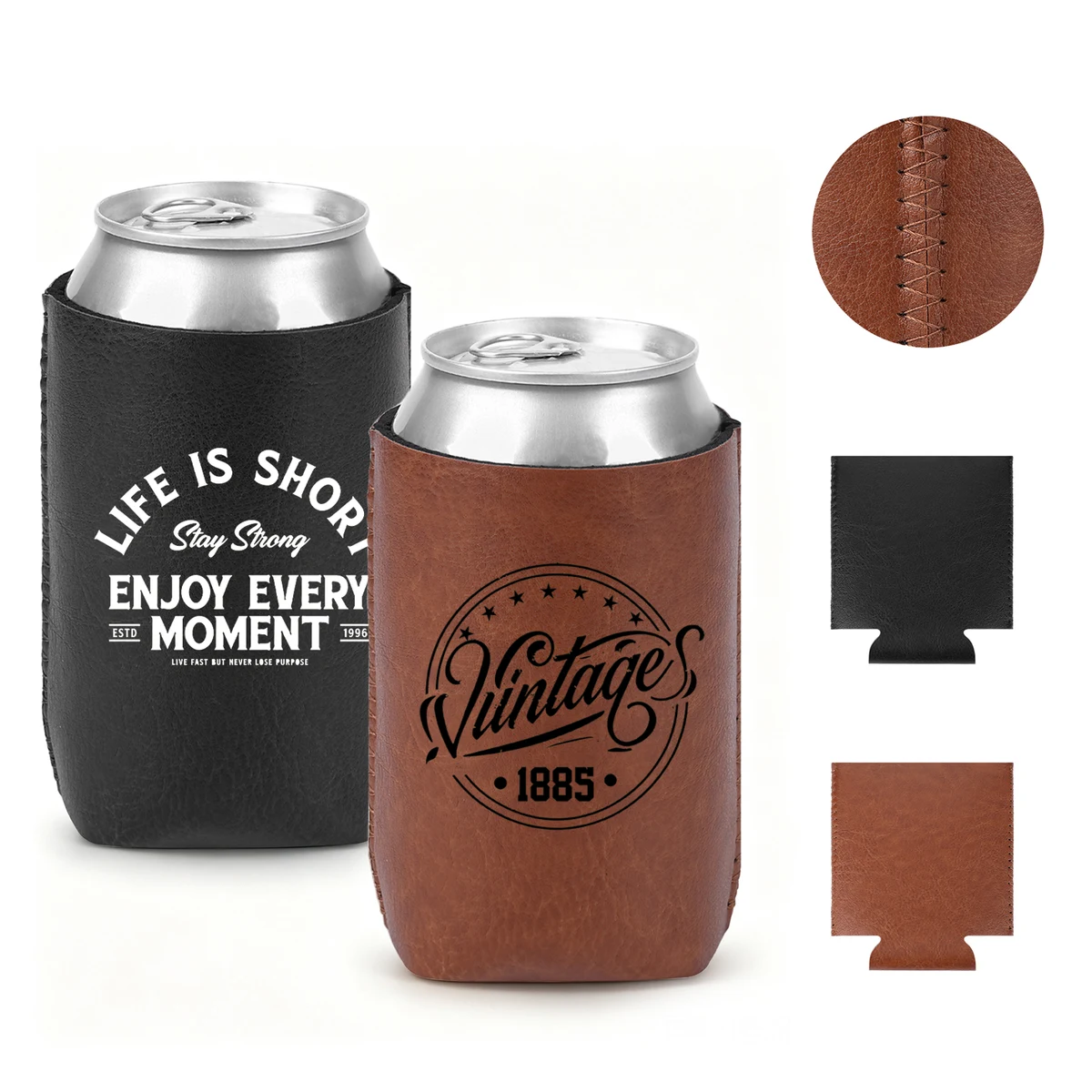 Deluxe PU Leather Insulated Can Cooler, custom koozie with logo imprint 1
