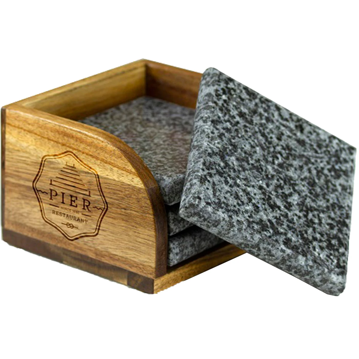 4 Pc. Granite Coaster Set with Acacia Wood Stand 1