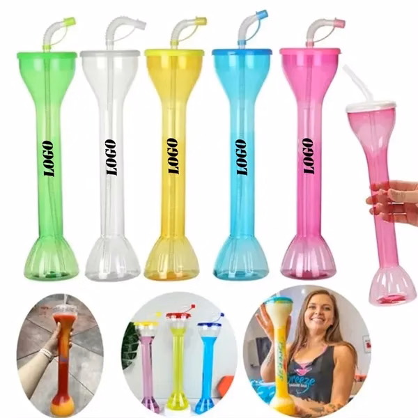 Disposable Plastic Party Yard Cups With Straws for Commutes, Fitness and Travel
