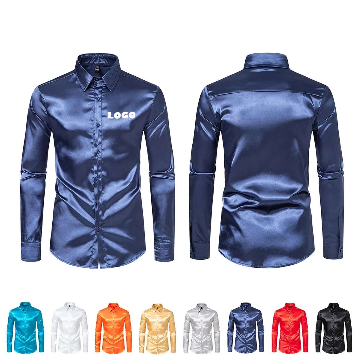 Men Long Sleeves Band Collar Solid Prom Satin Shirts 1
