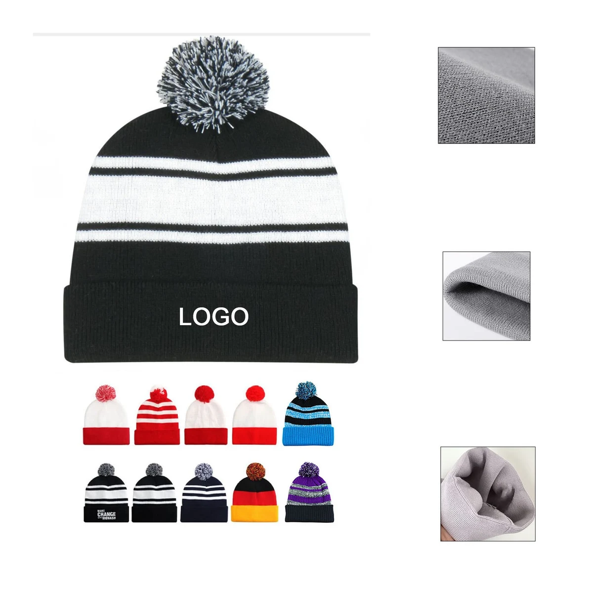 Winter Beanie Soft Cuff Pom Pom Stripe Knit hat 1