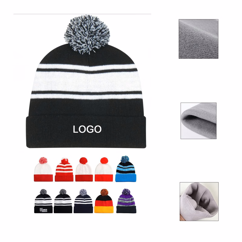 Winter Beanie Soft Cuff Pom Pom Stripe Knit hat