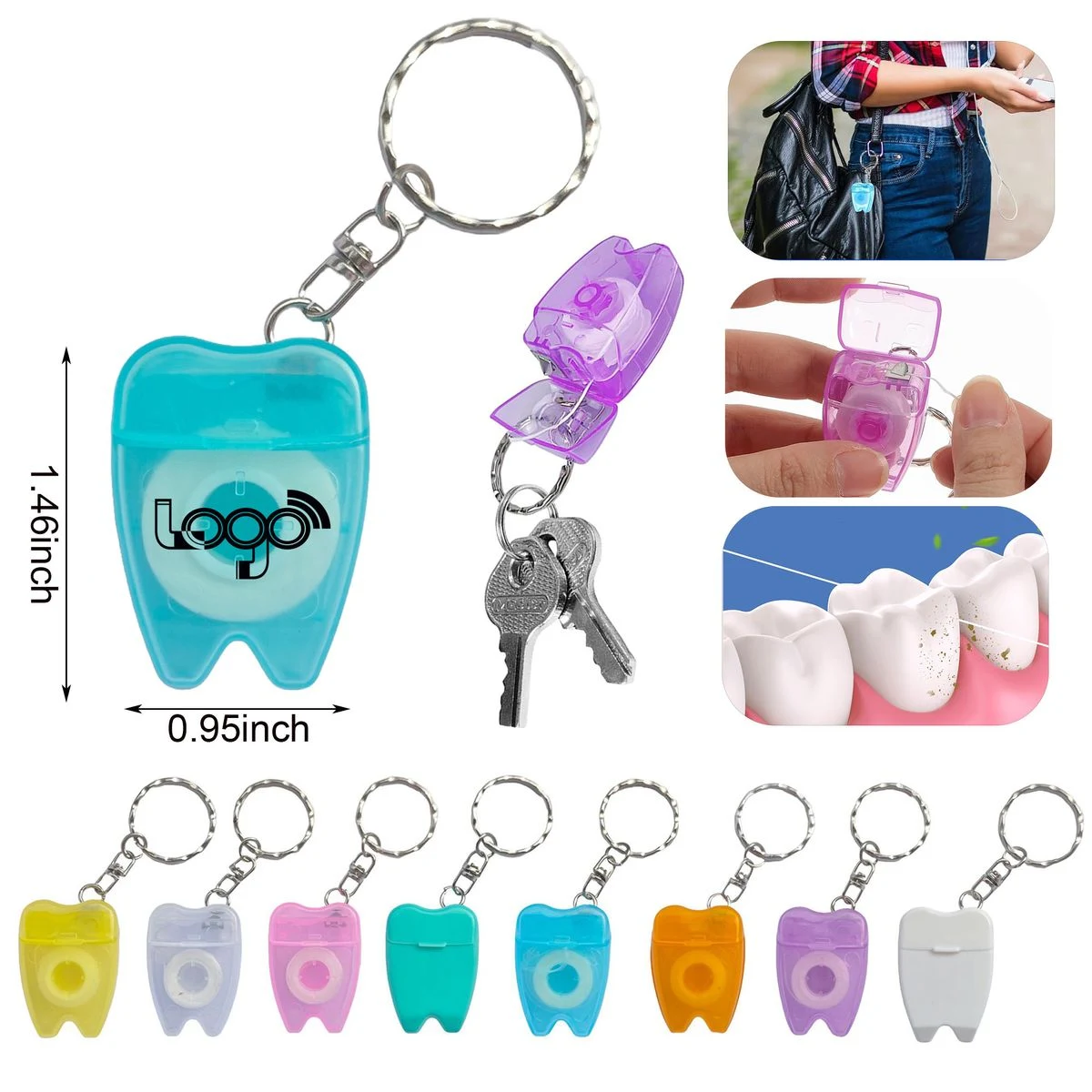 MOQ50 39 Inch Long Mini Tooth Shaped Dental Floss Keychain 1