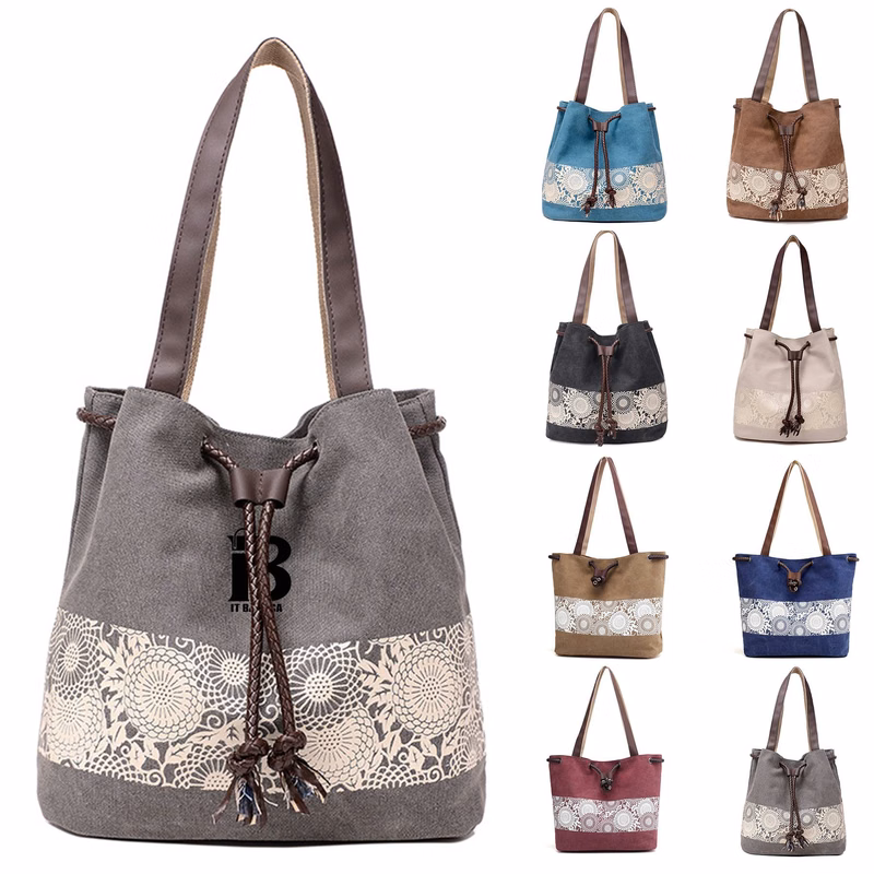 Women Printing Drawstring Canvas Tote Bags