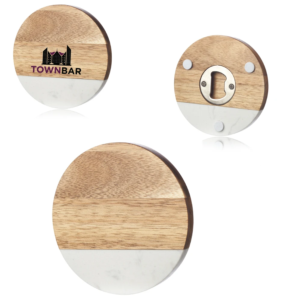 Round Marble and Wood Coaster with Bottle Opener 1