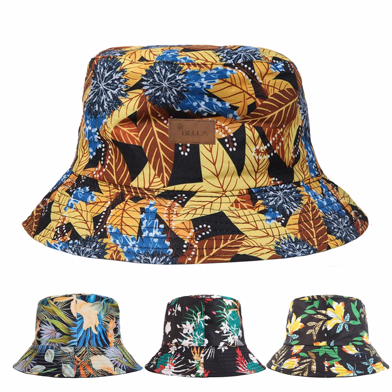 Polyester Bucket hat with tropical foliage pattern