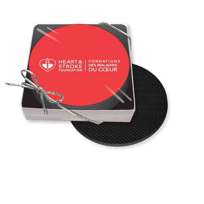 Gift Boxed Set of 4 Premium Round Coasters .010 Frosted Plastic Top & 3/32" Rubber base Full Colour 1