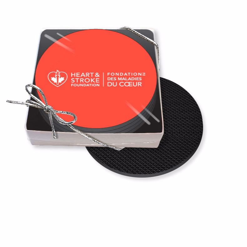 Gift Boxed Set of 4 Premium Round Coasters .010 Frosted Plastic Top & 3/32" Rubber base Full Colour