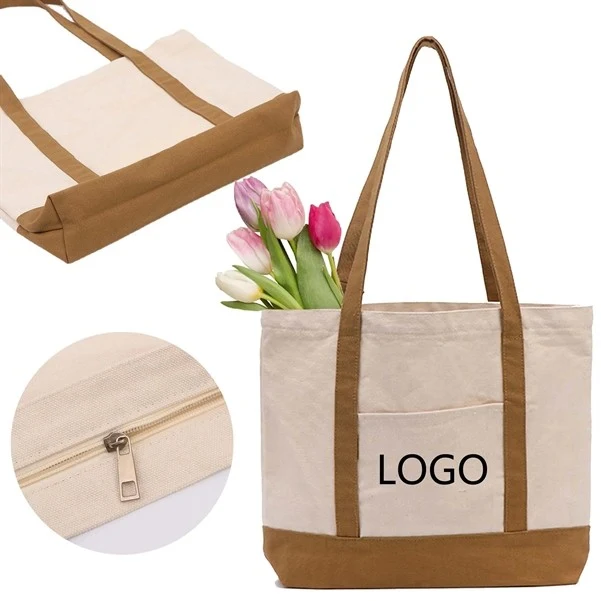 Canvas Zipper Tote Bag With Front Pocket, custom tote bag with logo imprint 1