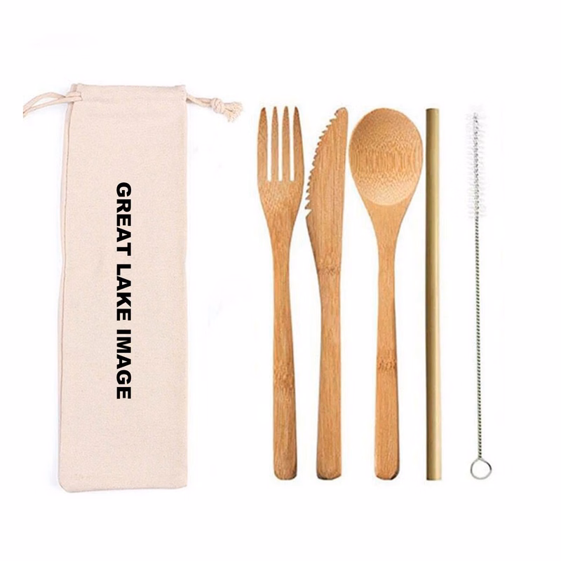 Eco-Friendly Bamboo Cutlery Set with Drawstring Bag