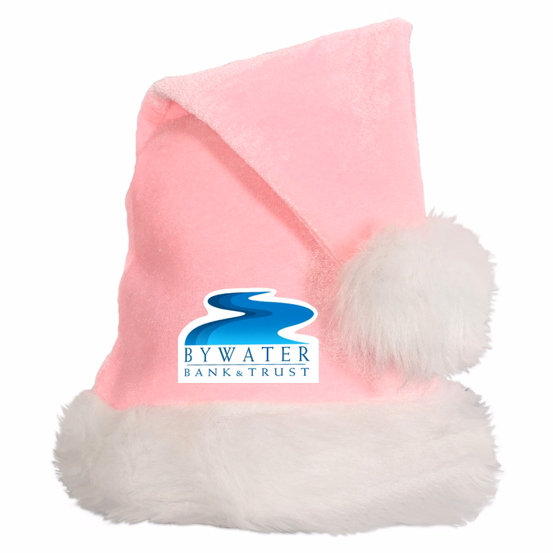 Light Pink Santa Hats w/ White Plush Trim with a Custom Heat Transfer