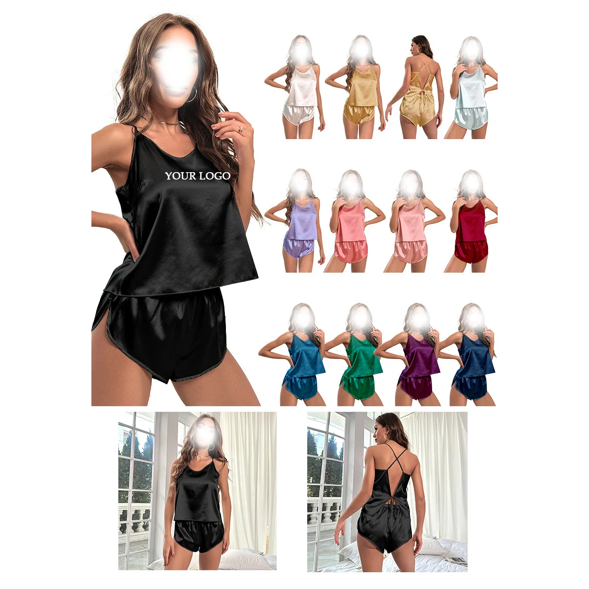 Women Silk Ruffle Pajamas Camisole Set 1