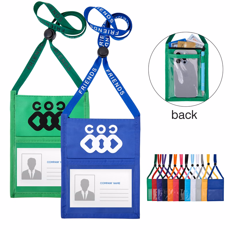Premium Double Window Pouch Wallet With Lanyard W/Back Zipper And Phone Holder