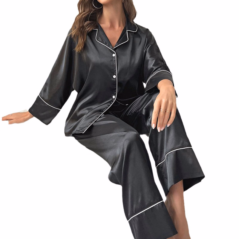 Women Sexy Color Solid Satin Long Sleeve Pants Pajama Set