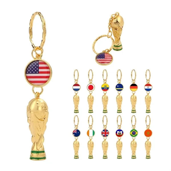 Custom Golden World Cup Trophy Keychain with Flag Pendant — Sports Fan Gift Item 1