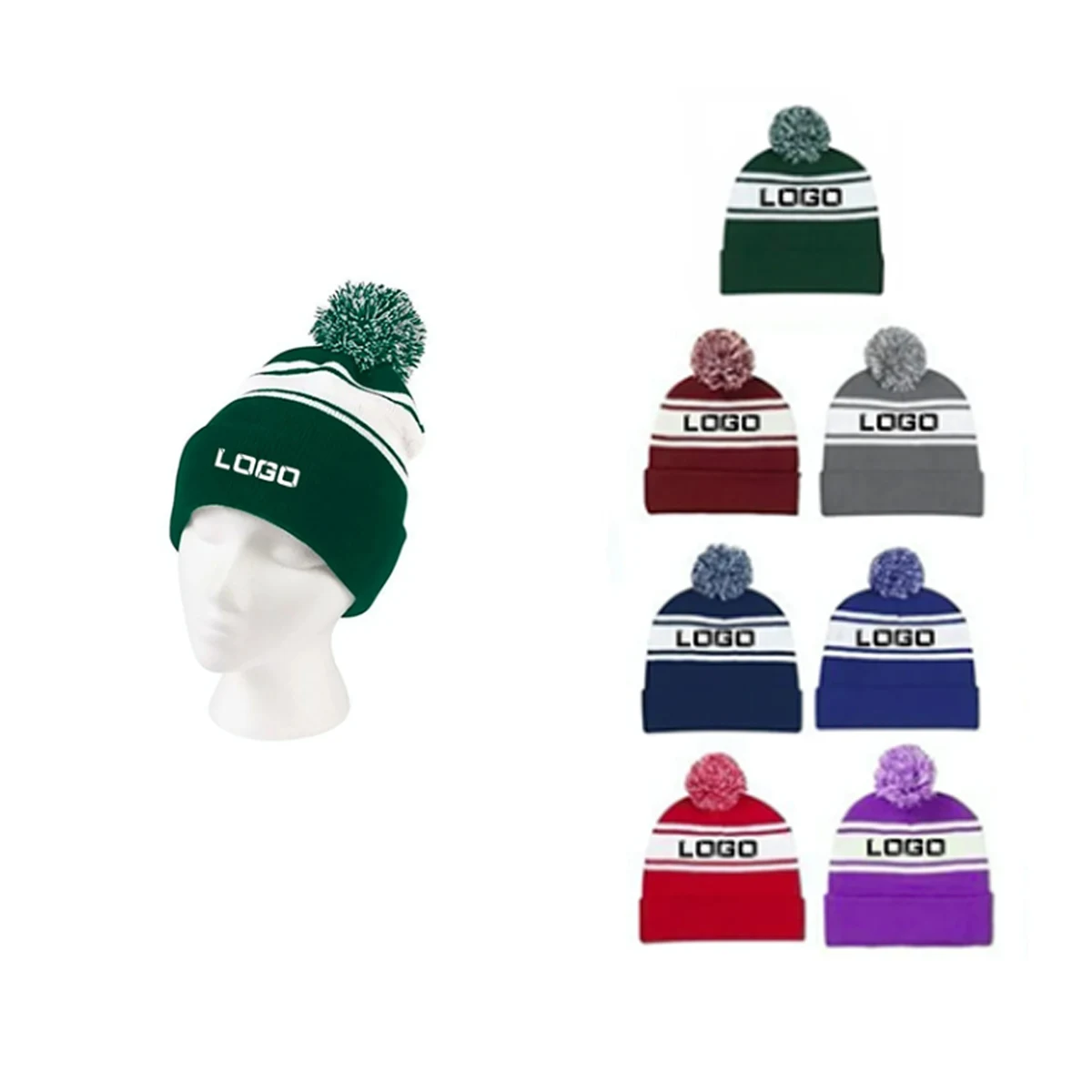 Full Color Knit Beanie with Pom 1