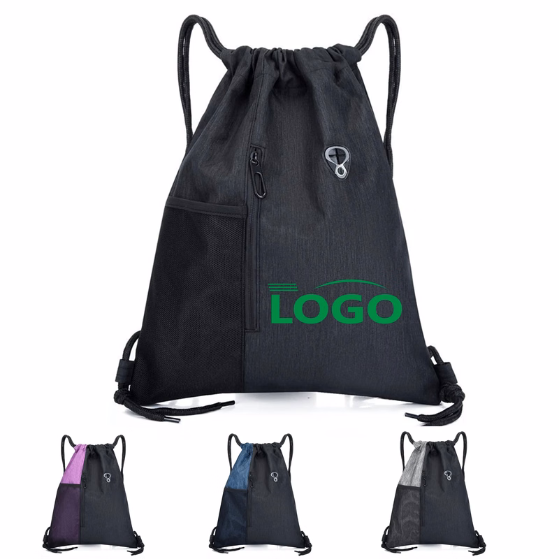 Sports Drawstring Backpack with Zipper Pocket and Mesh Side