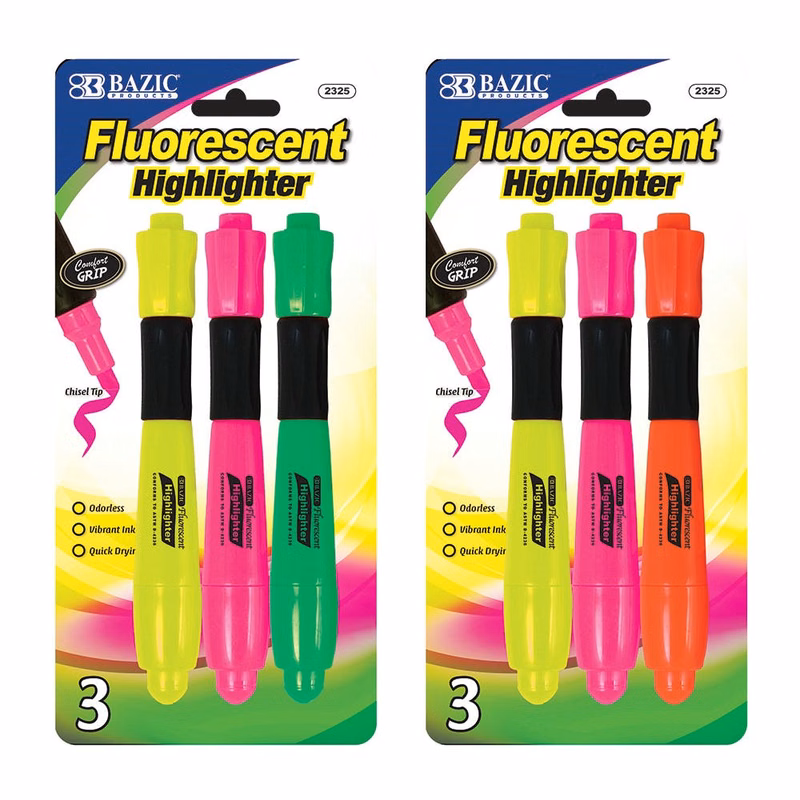 Highlighters - 3 Count Assorted Fluorescent Colors