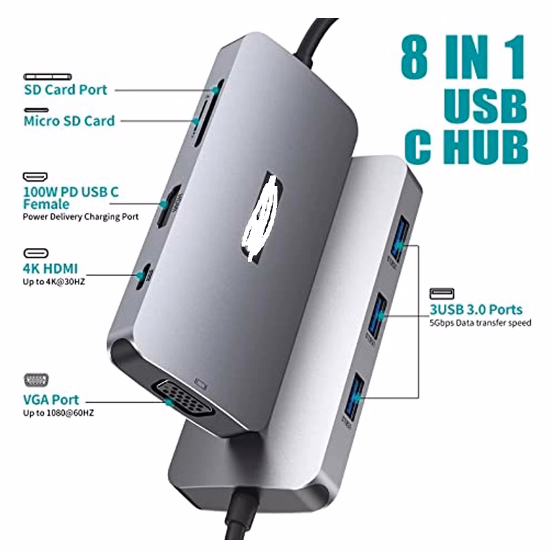 Usb C Hub 8 In 1 Usb Adapter Multiport Type C Adapter