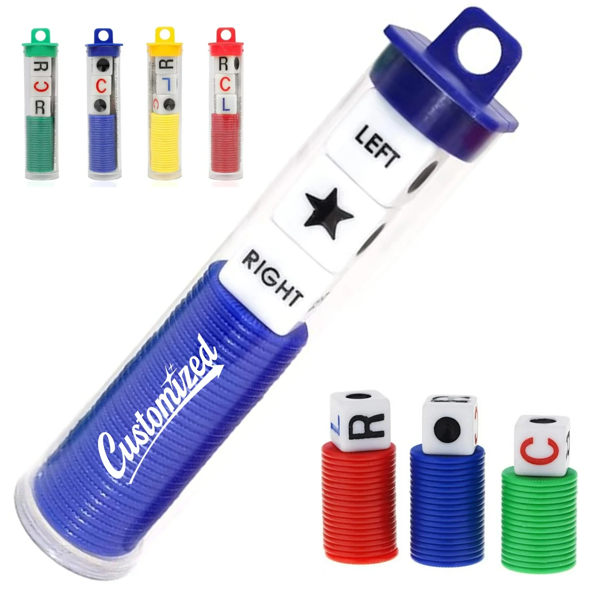 LCR Dice Game Set with Color Chips in Clear Storage Tube 1