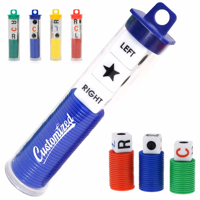 LCR Dice Game Set with Color Chips in Clear Storage Tube