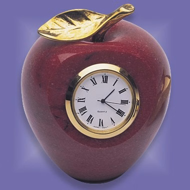Solid Red Genuine Marble Apple-Shaped Paper Weight w/Clock and Gold-Plated Brass Leaf and Stem