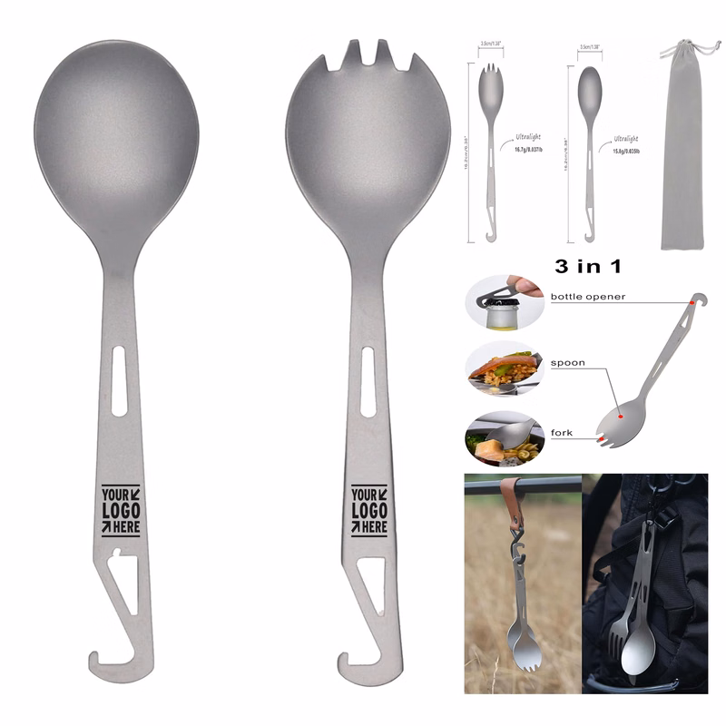 Titanium Spork Spoon Fork Bottle Opener Combo Utensil Set Camping Cutlery