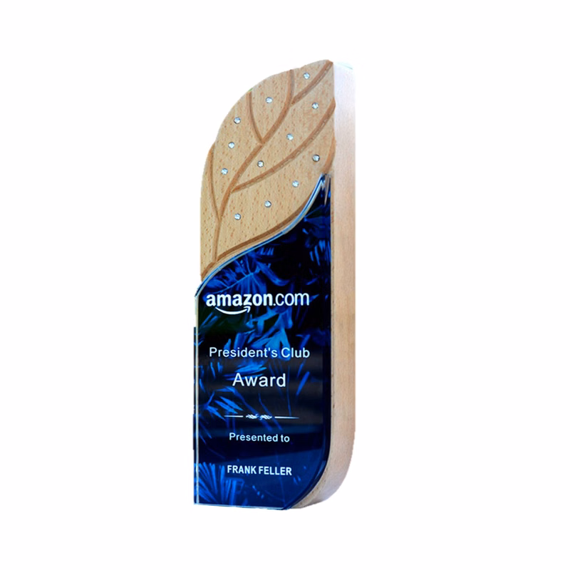 Leaf Shape Wooden Frame Crystal Trophy
