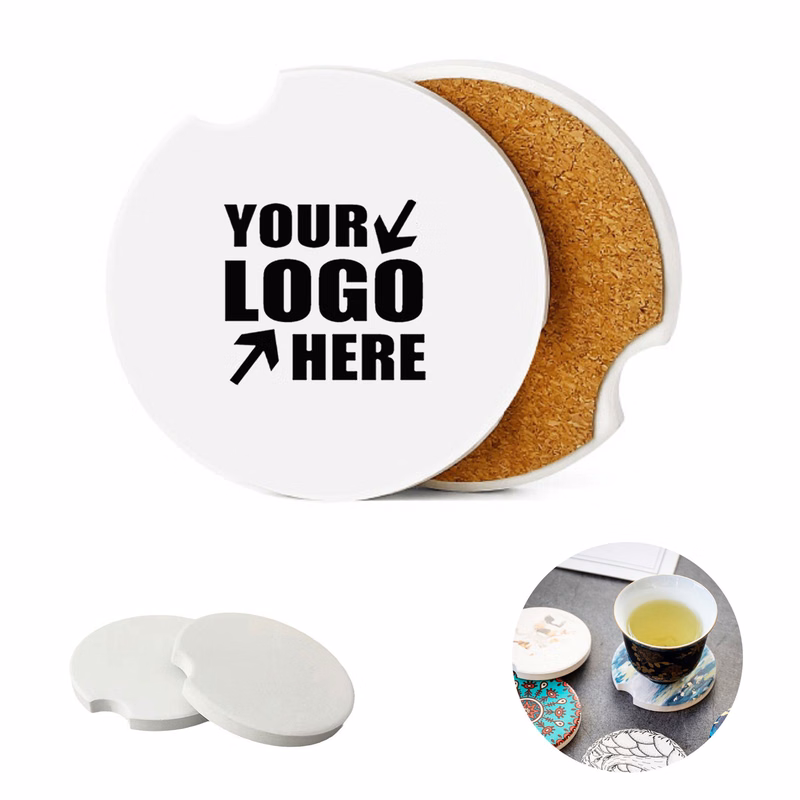 2.56" Absorbent Ceramic Car Coaster With Cork Base Anti-Slip