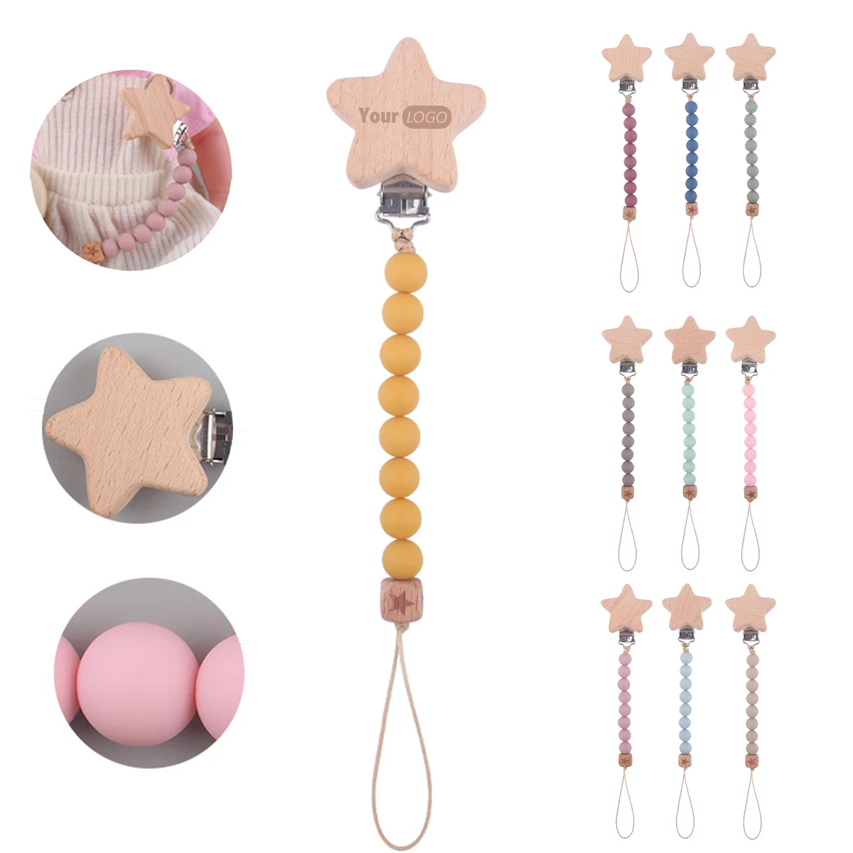 Beech Wood Silicone Bead Pacifier Clip 1