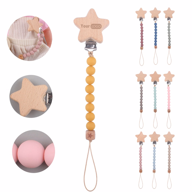 Beech Wood Silicone Bead Pacifier Clip