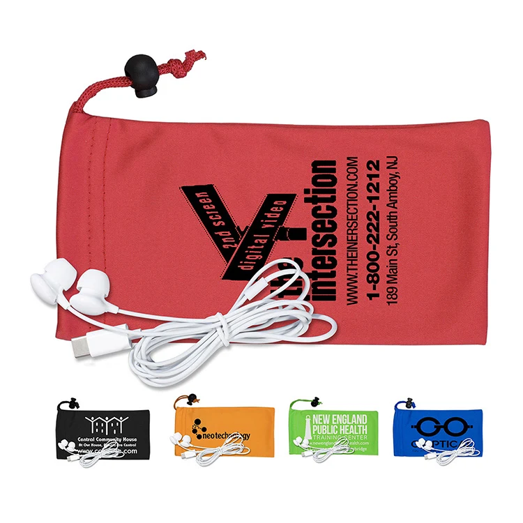 Mobile Tech Earbud Kit in Microfiber Cinch Pouch Components inserted into Microfiber Pouch 1