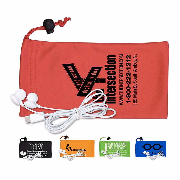 Mobile Tech Earbud Kit in Microfiber Cinch Pouch Components inserted into Microfiber Pouch