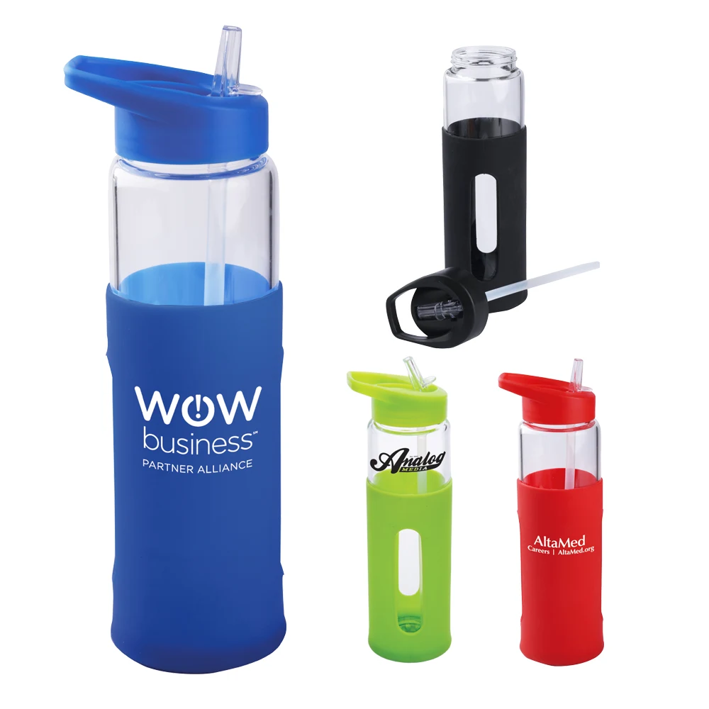 20 Oz. Glass Bottle w/Sports Lid & Silicone Sleeve 1