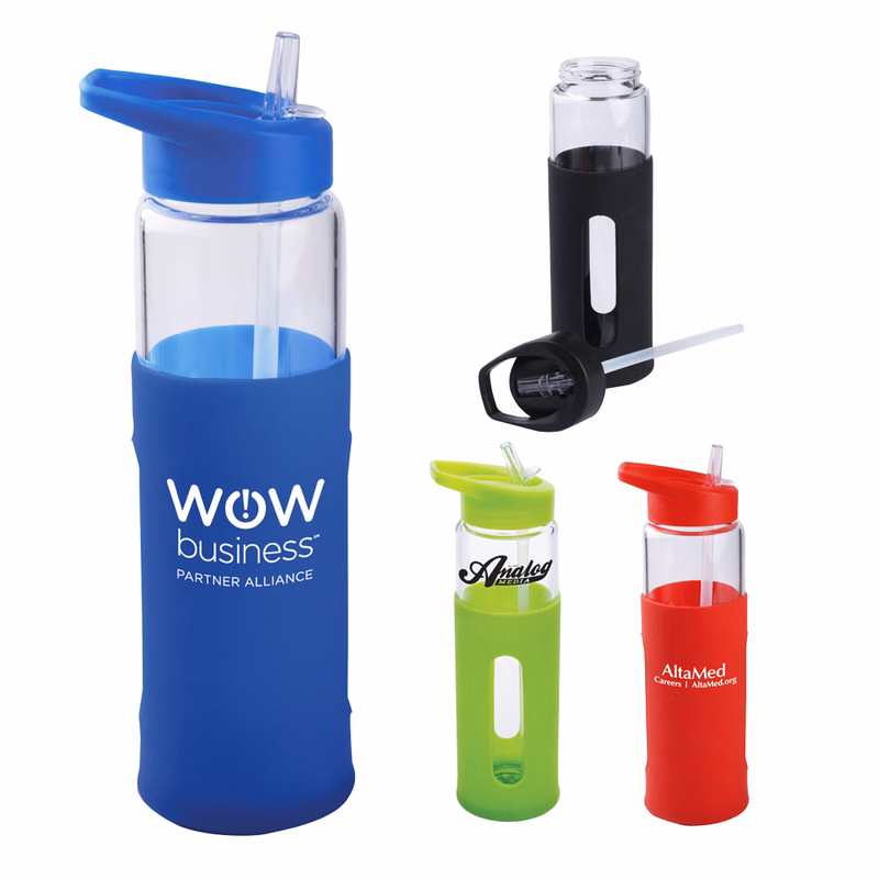 20 Oz. Glass Bottle w/Sports Lid & Silicone Sleeve