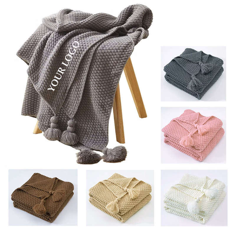 Nordic Solid Color Geometric Knitted Tassel Blanket
