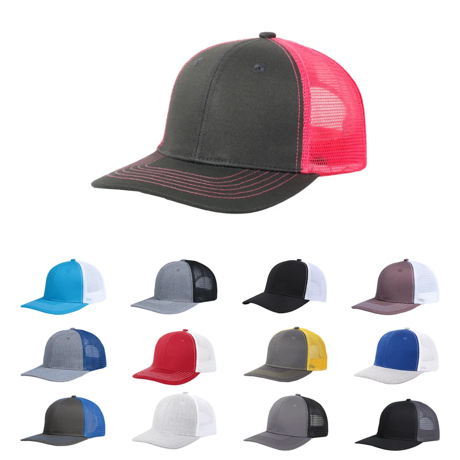 Stock Solid Color Cotton 6-Panel Trucker Cap w/ Contrasting 1