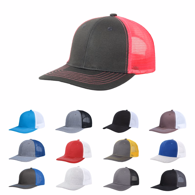 Stock Solid Color Cotton 6-Panel Trucker Cap w/ Contrasting