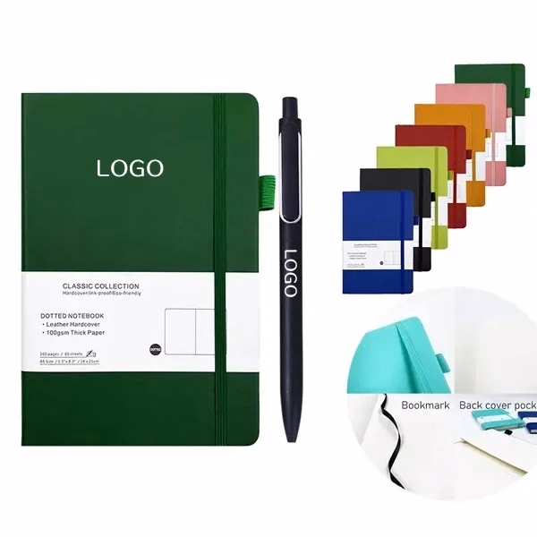 A5 Leather Dotted Notebook and Metal Pen Set