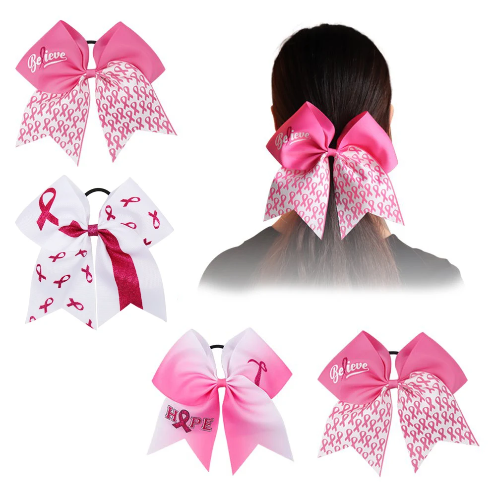 7'' Breast Cancer Awareness Printed Cheer Hair Bow 1