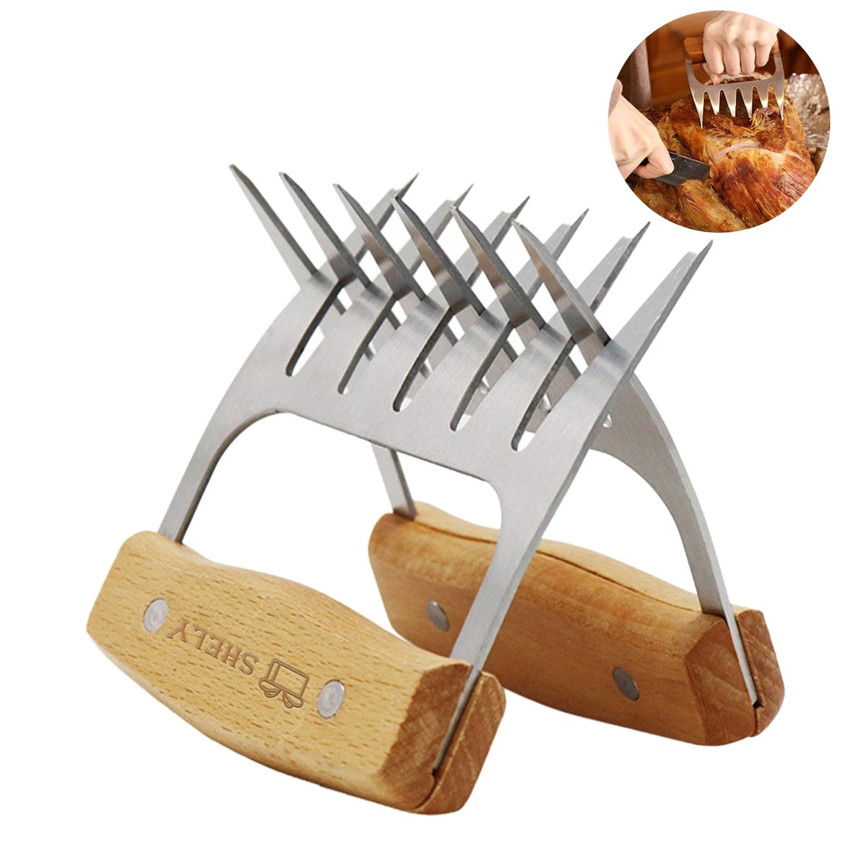 Stainless Steel Meat Forks with Wooden Handle for Shredding 1