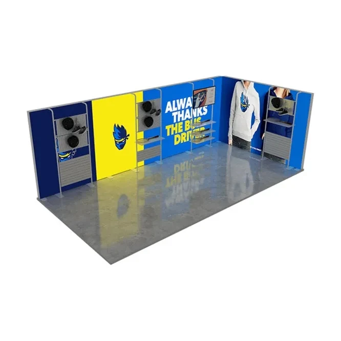20ft Backlit Trade Show Display – LED Lightbox Backwall with Shelving 1