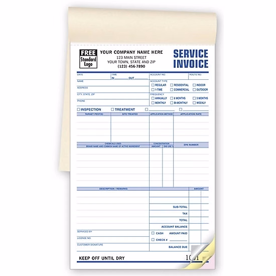 Pest Control Service Invoices, Booked, Carbonless
