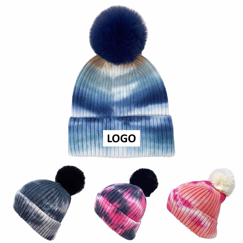 Tie-dye Printed Knitted Beanie With Pom-Pom