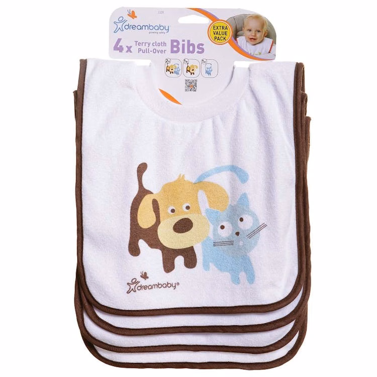 Terry Cloth Pullover Baby Bibs - Brown & White Super Absorbent 4 Pack