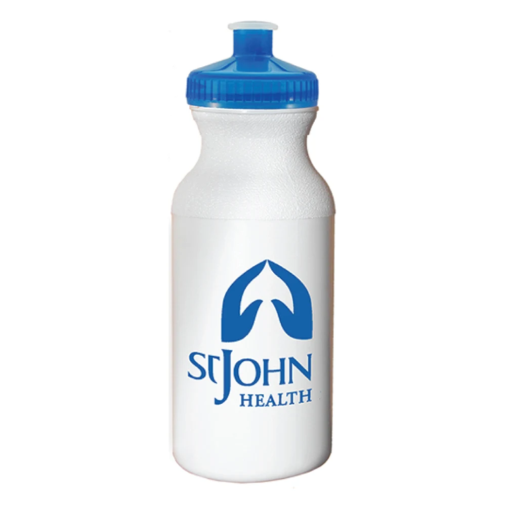 20 oz. Economy White Bike Bottle with Translucent Blue 53mm Push Pull Lid 1