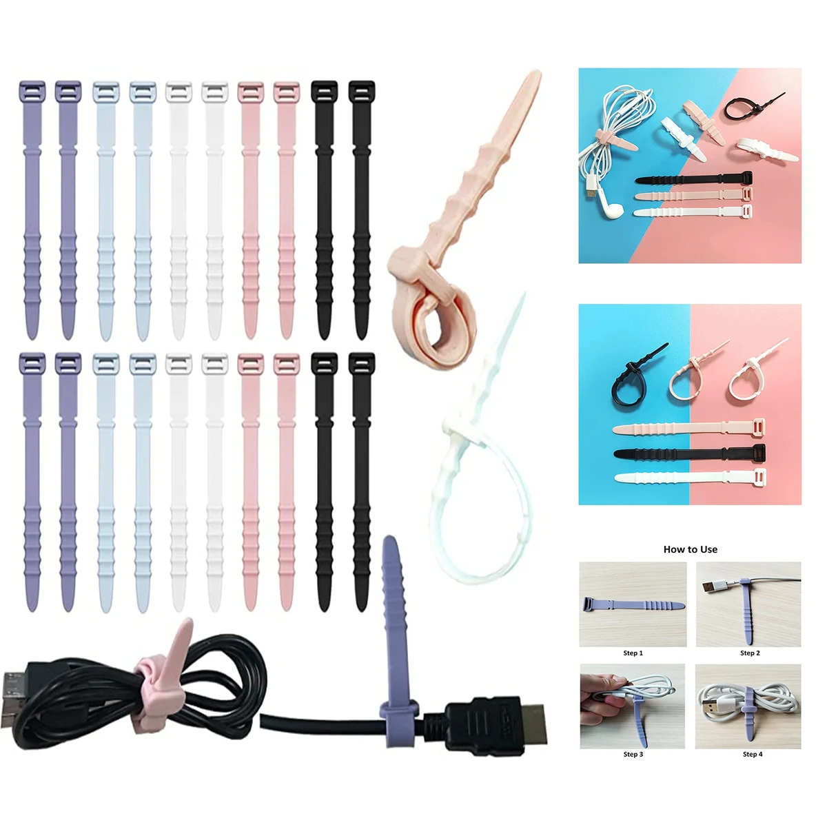 4.5" Cord Tie Reusable Silicone Zip Tie 1