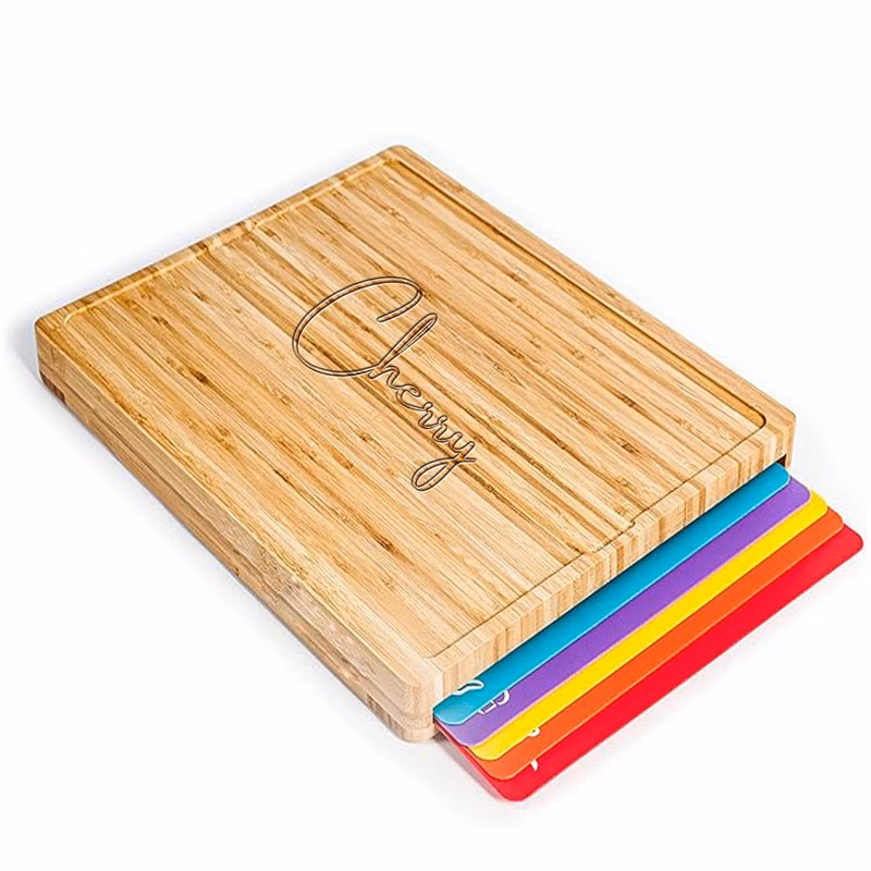 Wood Cutting Board with 6 Color Mats