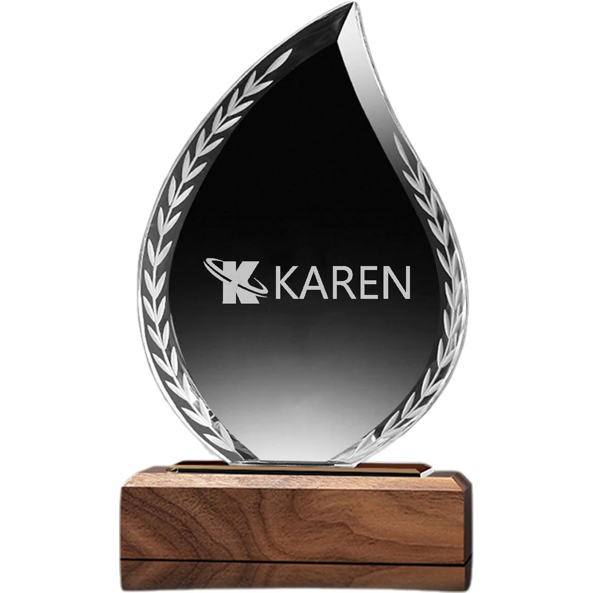 Teardrop Shaped Crystal Award Trophy w/ Wood Base 1